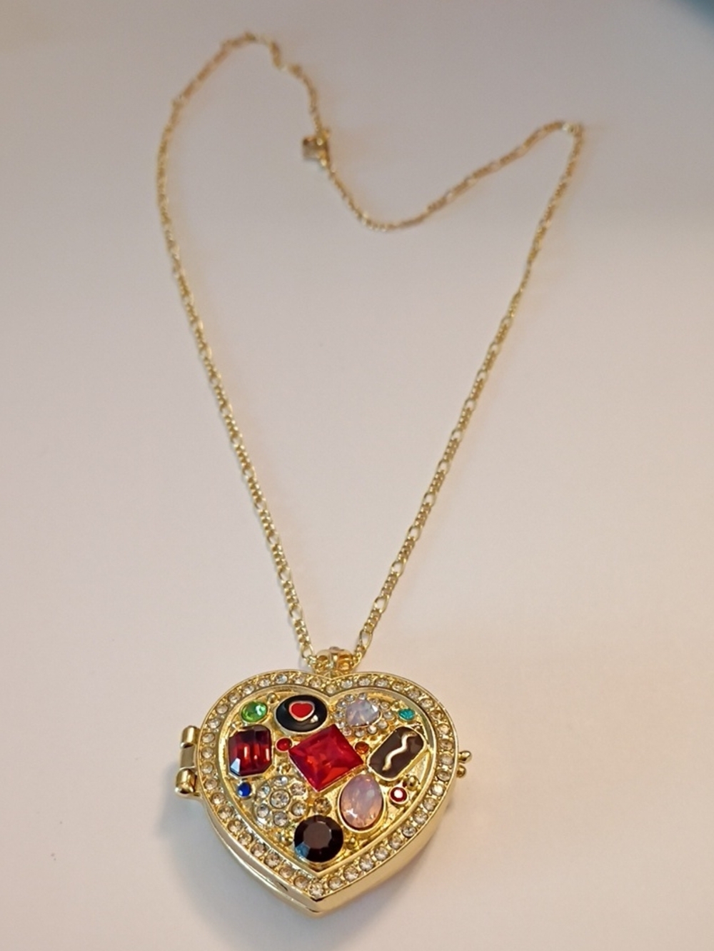 Gold Heart Locket Necklace with Multicolor Gem Accents